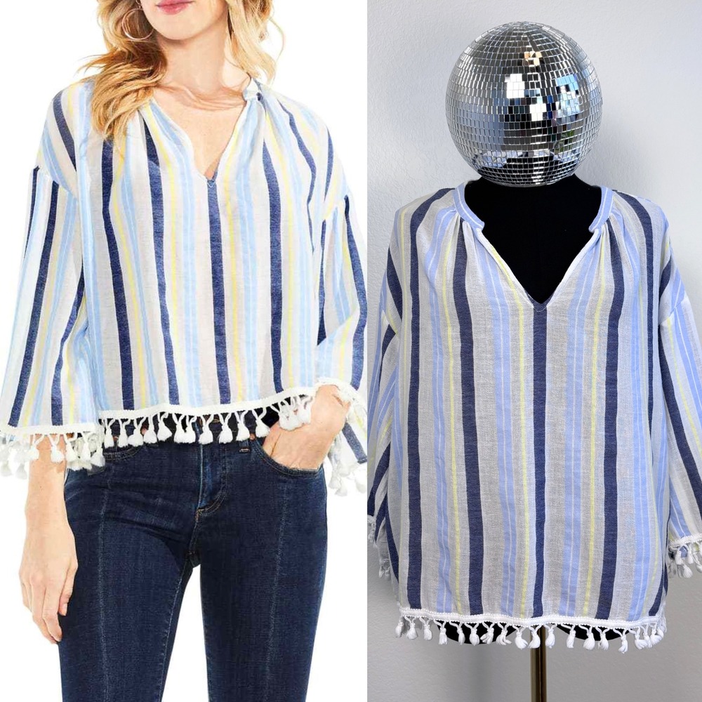 Vince Camuto Womens Blue Striped Cotton Tassel Fringe Boho‎ V-Neck Blouse Large